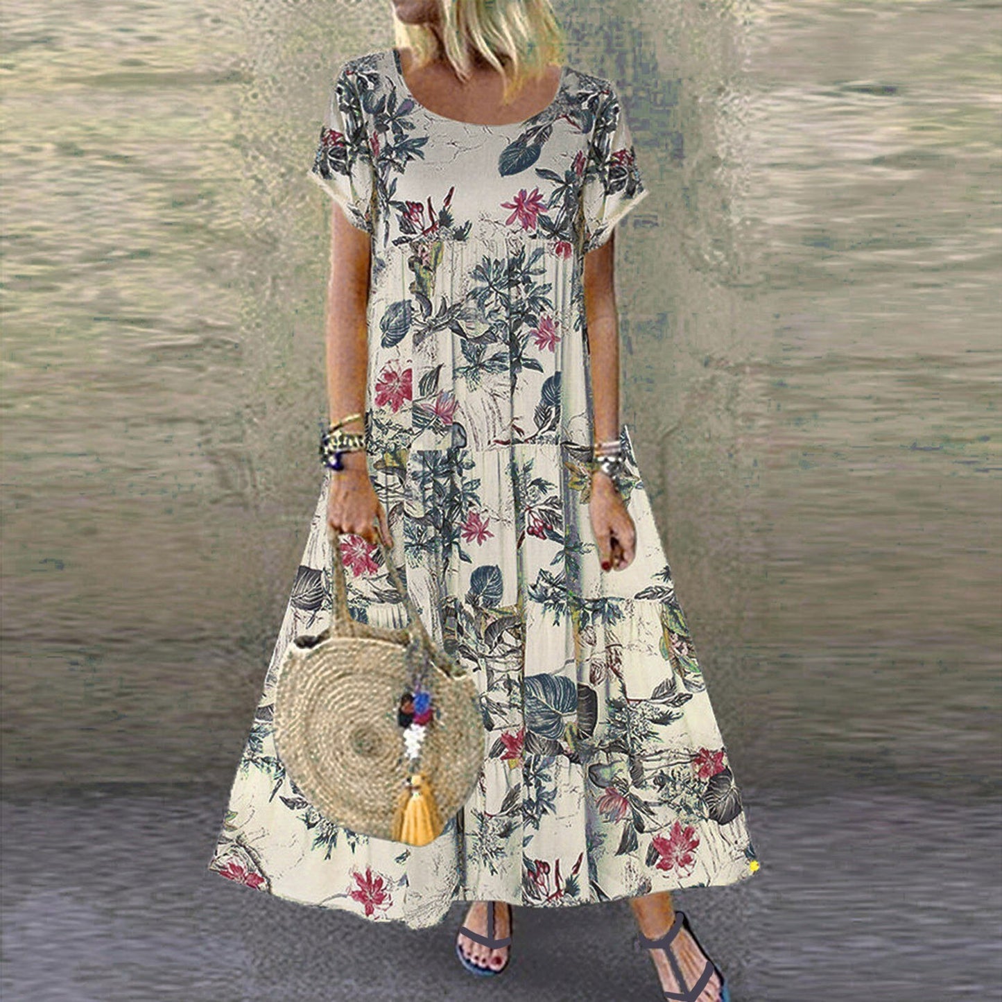 Short Sleeve Retro Linen Print Long Maxi Dress - Deb Shops
