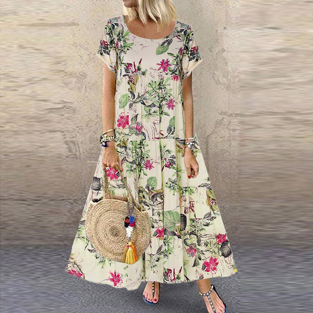 Short Sleeve Retro Linen Print Long Maxi Dress - Debshops