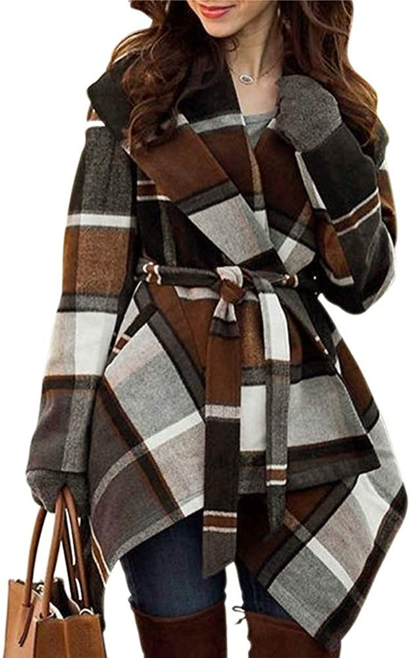 Turn Down Shawl Collar Earth Tone Wool Blend Coat - Debshops