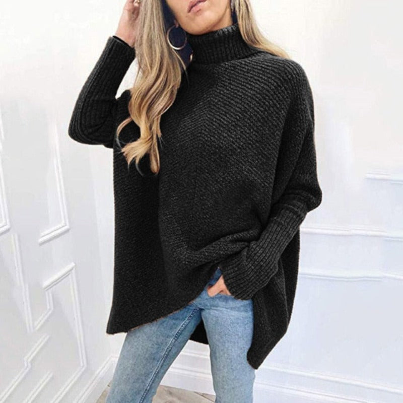 Turtleneck Oversized Knitted Sleeve Loose Asymmetric Sweater - Debshops