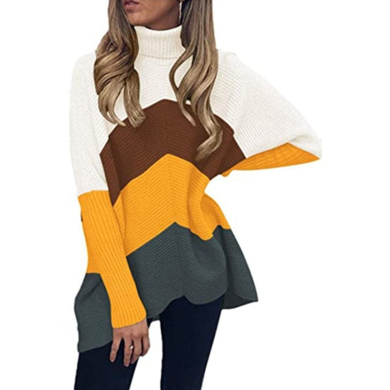 Turtleneck Oversized Knitted Sleeve Loose Asymmetric Sweater - Debshops