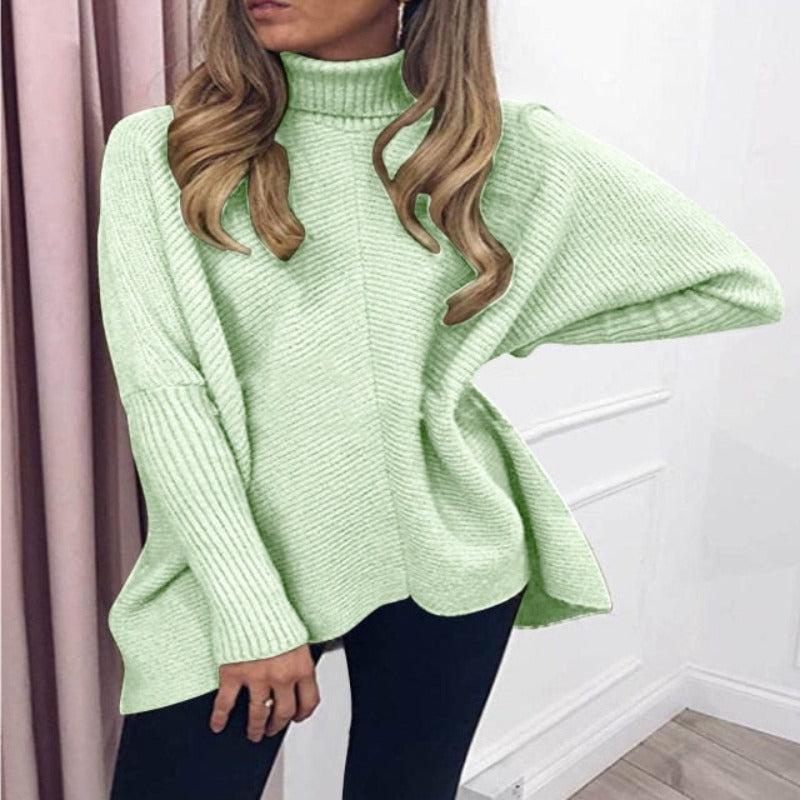 Turtleneck Oversized Knitted Sleeve Loose Asymmetric Sweater - Debshops