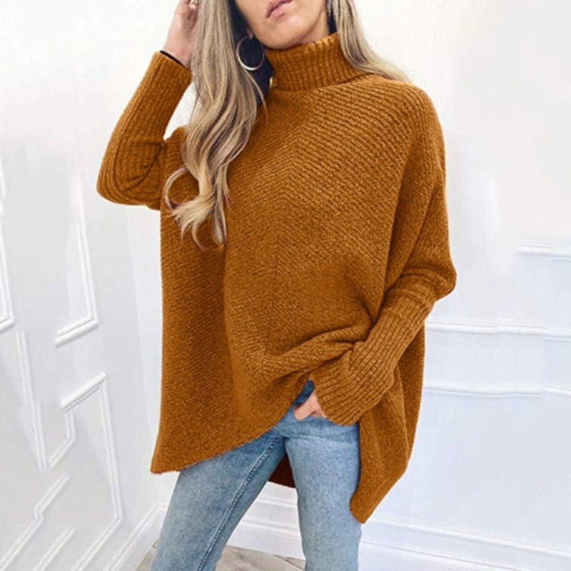 Turtleneck Oversized Knitted Sleeve Loose Asymmetric Sweater - Debshops