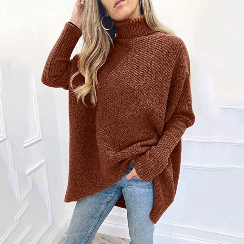 Turtleneck Oversized Knitted Sleeve Loose Asymmetric Sweater - Debshops
