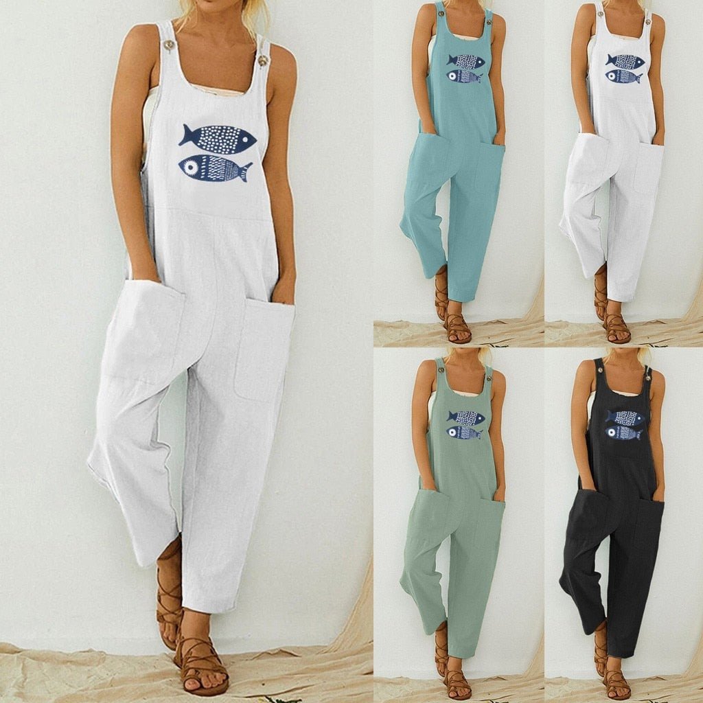 Boho Fish Pocket Romper Long Button Jumpsuit - Deb Shops