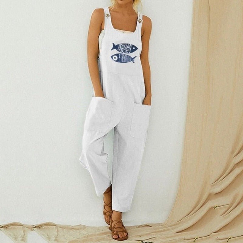 Boho Fish Pocket Romper Long Button Jumpsuit - Deb Shops
