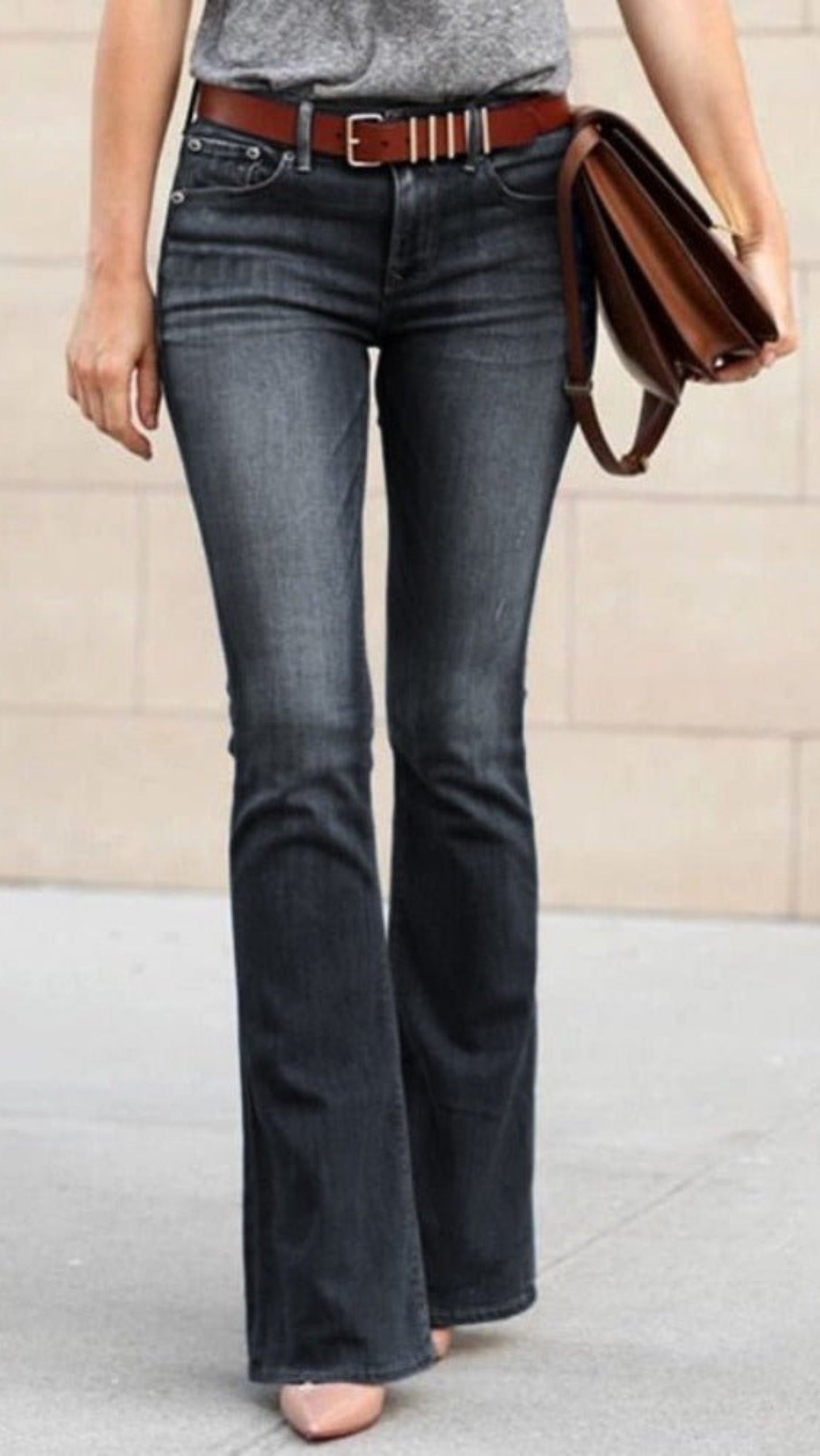 Boyfriend Elastic Waist Slim Fit Denim Bell Flared Jeans - Deb Shops