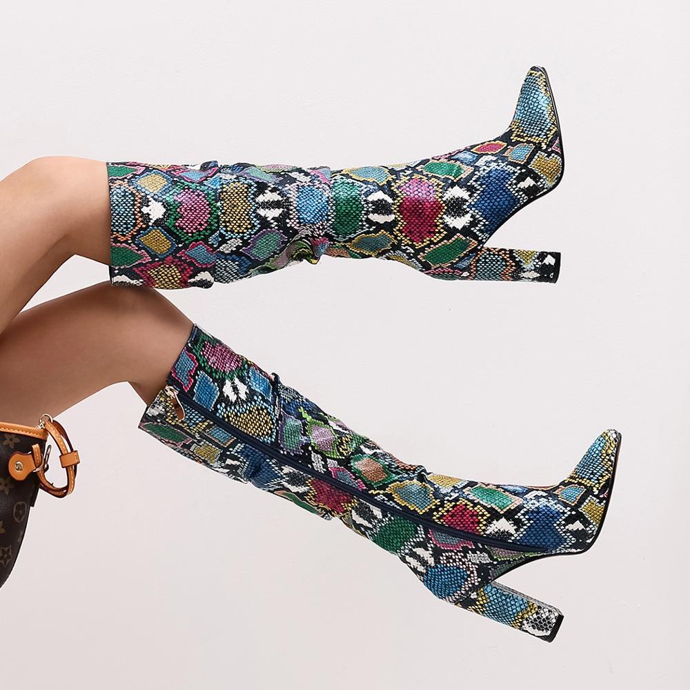 Colorful Snake Skin Thick High Heels Pointed Toe Zip Pleated Boots - Deb Shops