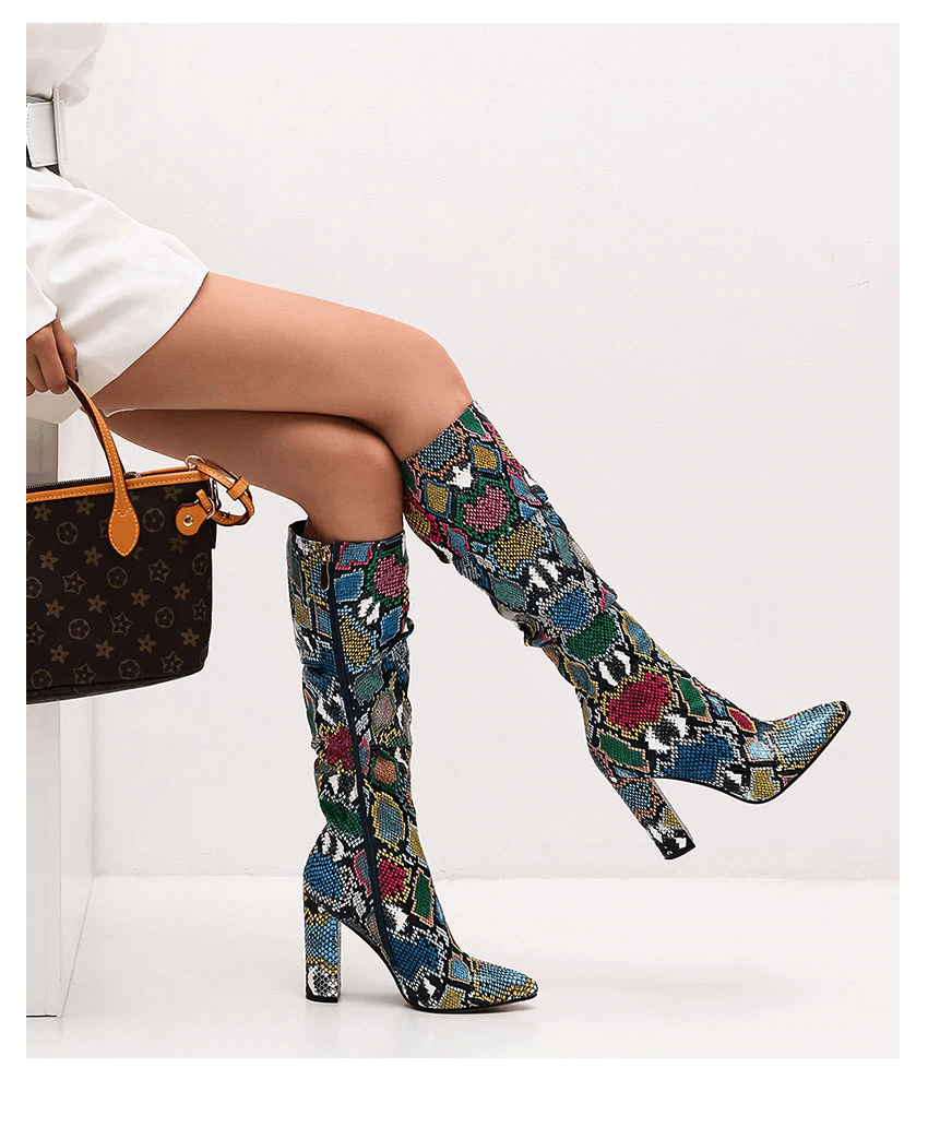 Colorful Snake Skin Thick High Heels Pointed Toe Zip Pleated Boots - Deb Shops
