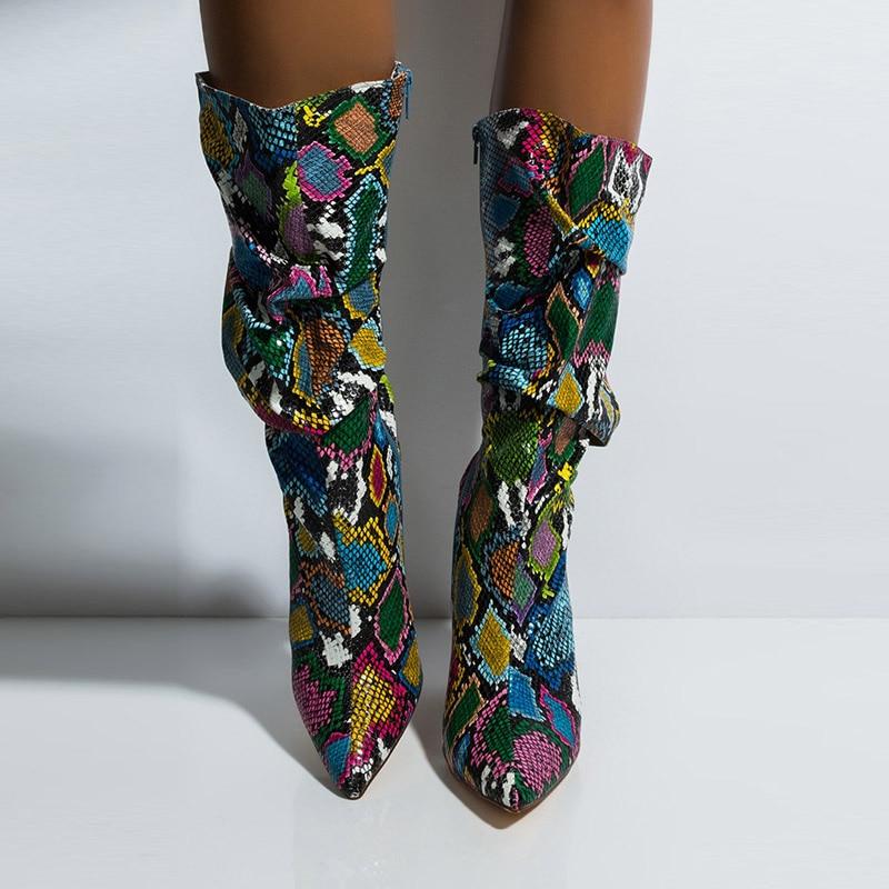 Colorful Snake Skin Thick High Heels Pointed Toe Zip Pleated Boots - Deb Shops