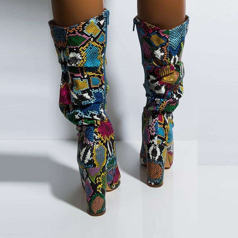 Colorful Snake Skin Thick High Heels Pointed Toe Zip Pleated Boots - Deb Shops