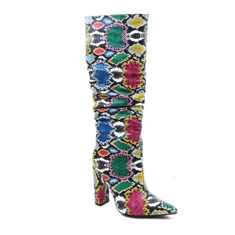 Colorful Snake Skin Thick High Heels Pointed Toe Zip Pleated Boots - Deb Shops