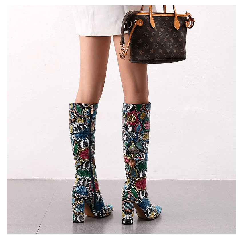 Colorful Snake Skin Thick High Heels Pointed Toe Zip Pleated Boots - Deb Shops