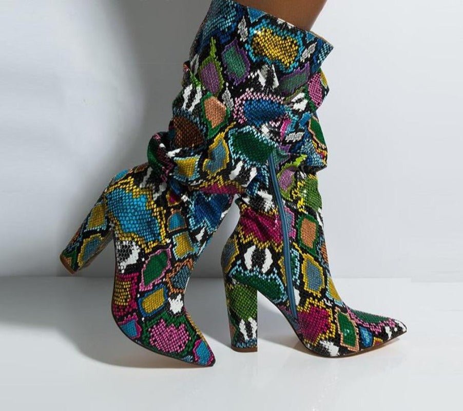 Colorful Snake Skin Thick High Heels Pointed Toe Zip Pleated Boots - Deb Shops