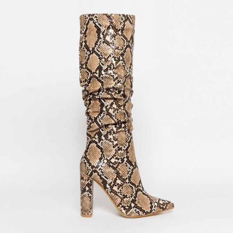 Colorful Snake Skin Thick High Heels Pointed Toe Zip Pleated Boots - Deb Shops