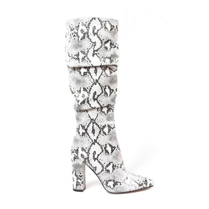 Colorful Snake Skin Thick High Heels Pointed Toe Zip Pleated Boots - Deb Shops