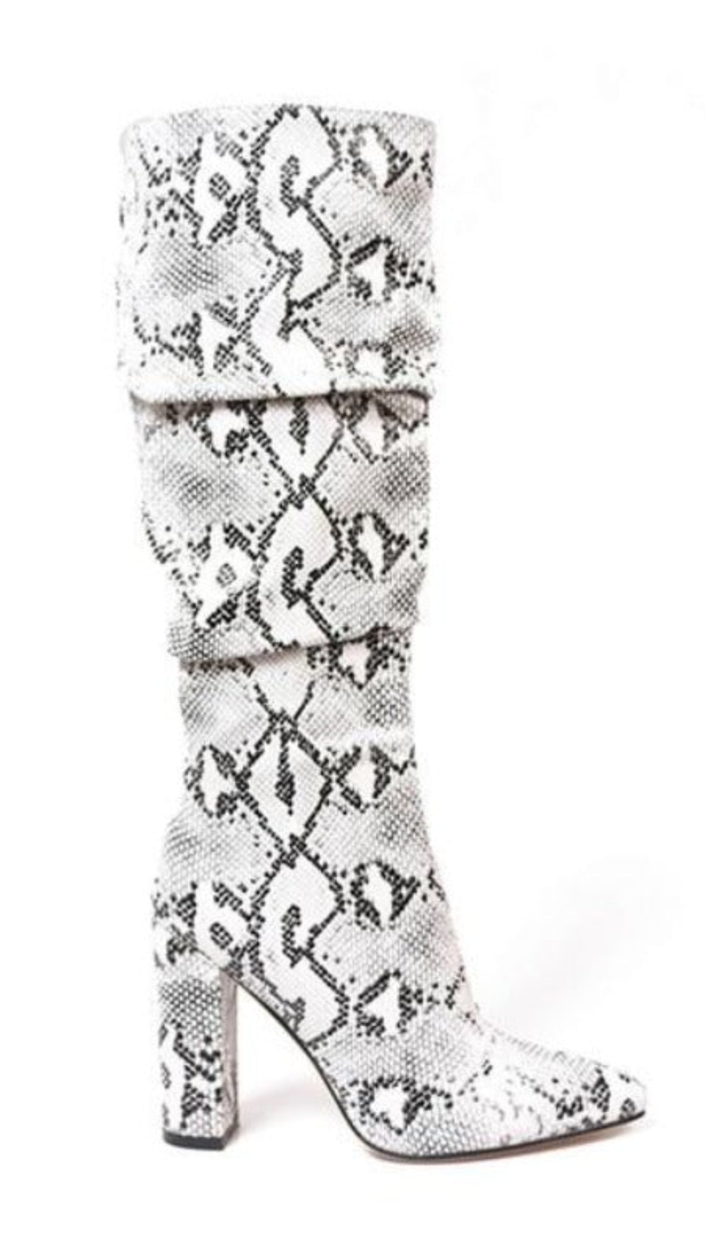 Colorful Snake Skin Thick High Heels Pointed Toe Zip Pleated Boots - Deb Shops