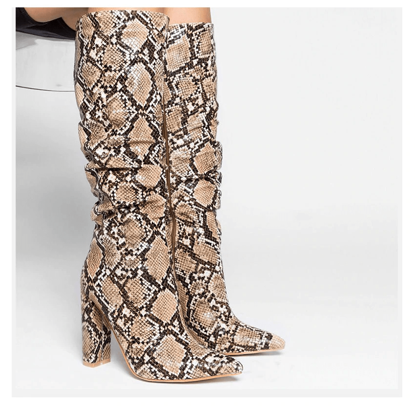 Colorful Snake Skin Thick High Heels Pointed Toe Zip Pleated Boots - Deb Shops