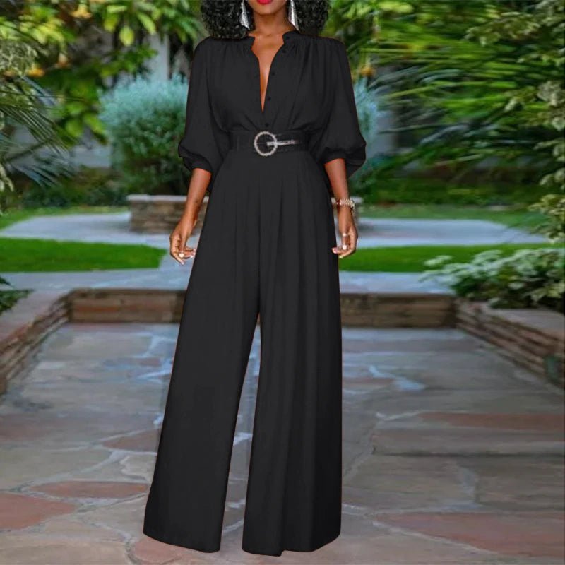 Elegant 3/4 Puff Sleeve Wide Leg Pleated Buttons Jumpsuit - Deb Shops
