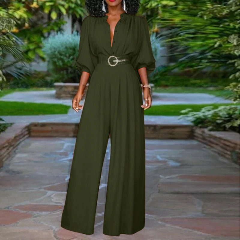 Elegant 3/4 Puff Sleeve Wide Leg Pleated Buttons Jumpsuit - Deb Shops