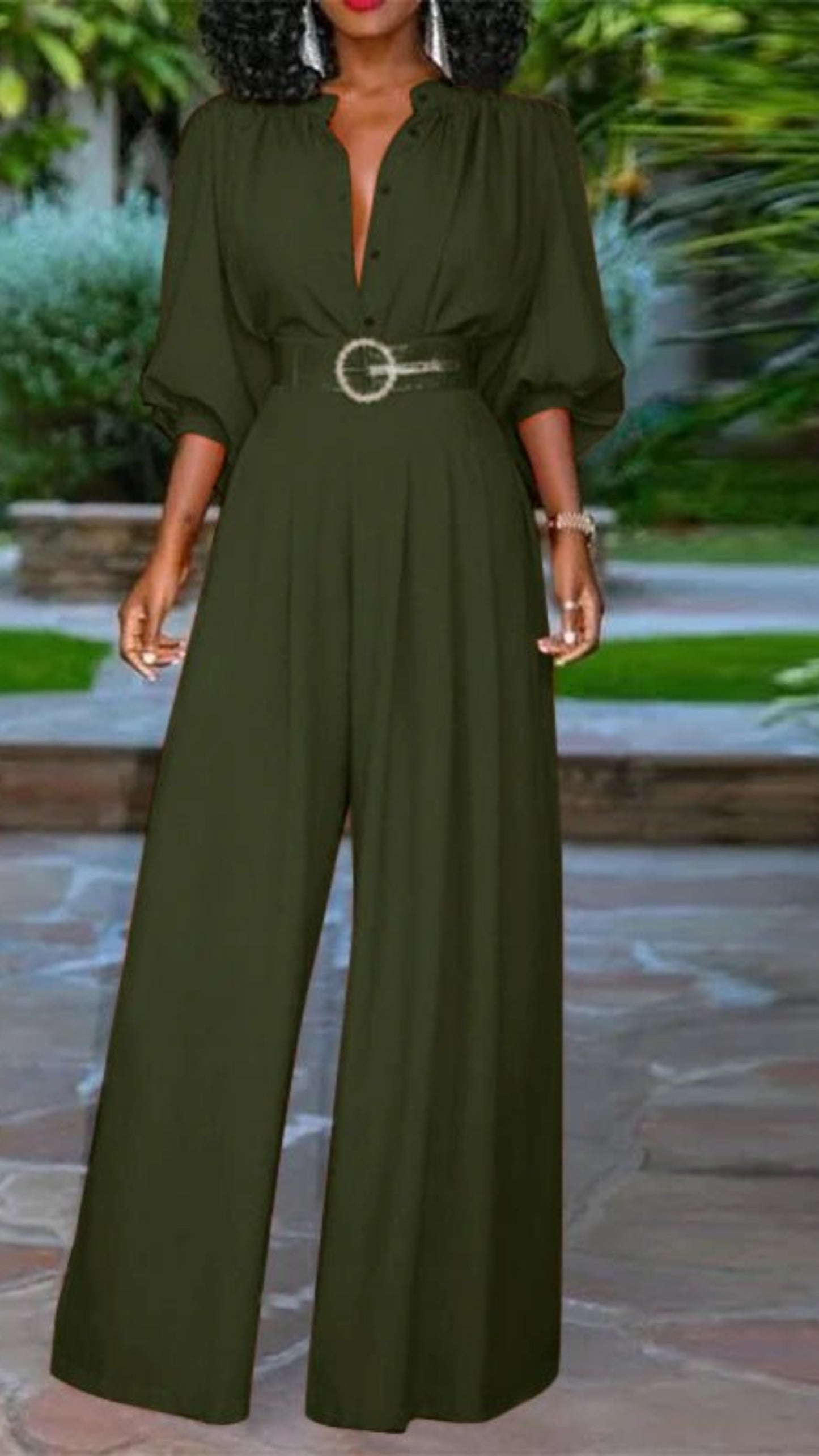 Elegant 3/4 Puff Sleeve Wide Leg Pleated Buttons Jumpsuit - Deb Shops