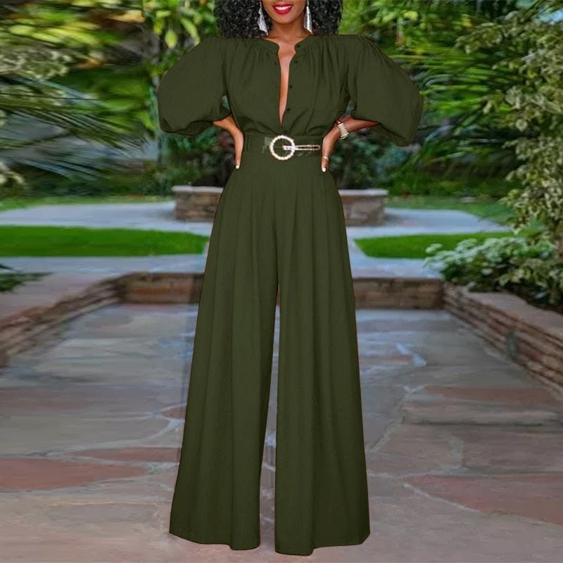 Elegant 3/4 Puff Sleeve Wide Leg Pleated Buttons Jumpsuit - Deb Shops