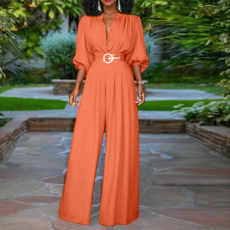 Elegant 3/4 Puff Sleeve Wide Leg Pleated Buttons Jumpsuit - Deb Shops