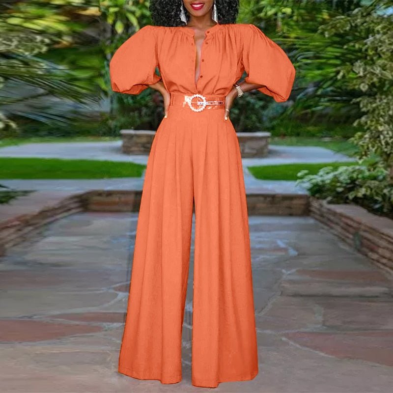 Elegant 3/4 Puff Sleeve Wide Leg Pleated Buttons Jumpsuit - Deb Shops