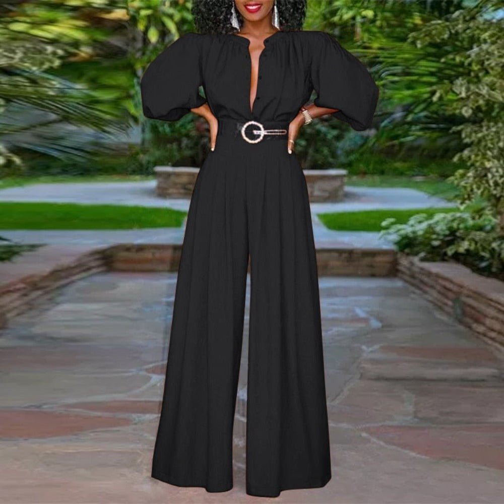 Elegant 3/4 Puff Sleeve Wide Leg Pleated Buttons Jumpsuit - Deb Shops