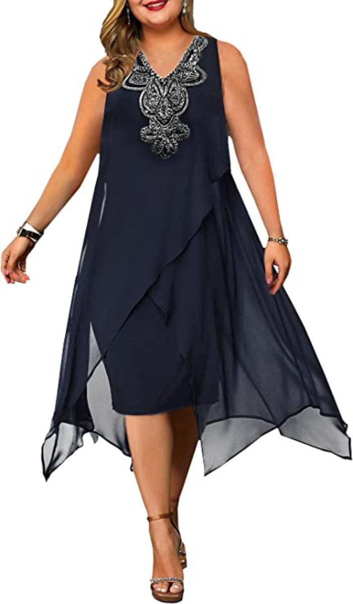 Elegant Embroidery Evening Party Chiffon Loose Sleeveless Dress - Deb Shops