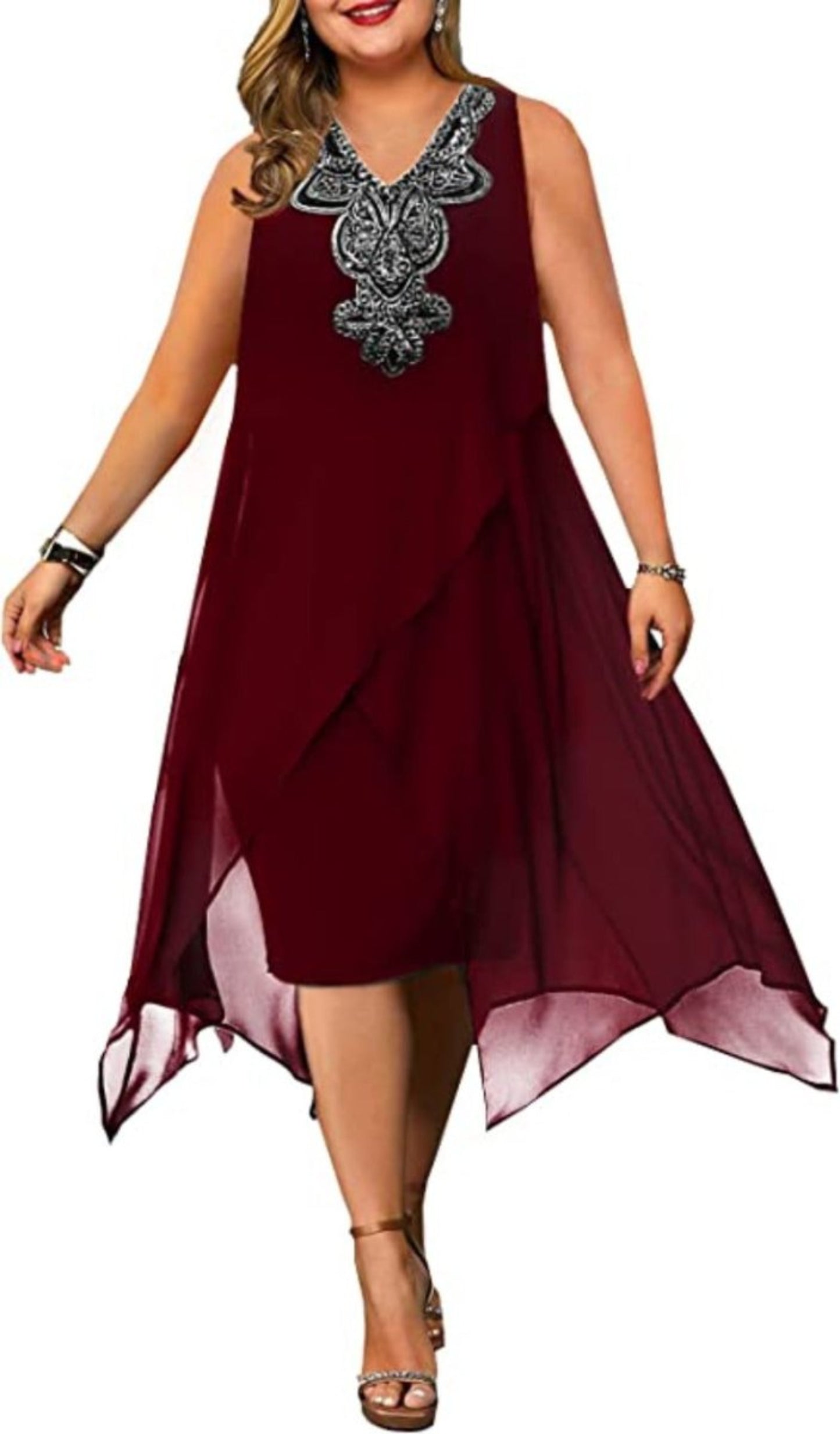 Elegant Embroidery Evening Party Chiffon Loose Sleeveless Dress - Deb Shops