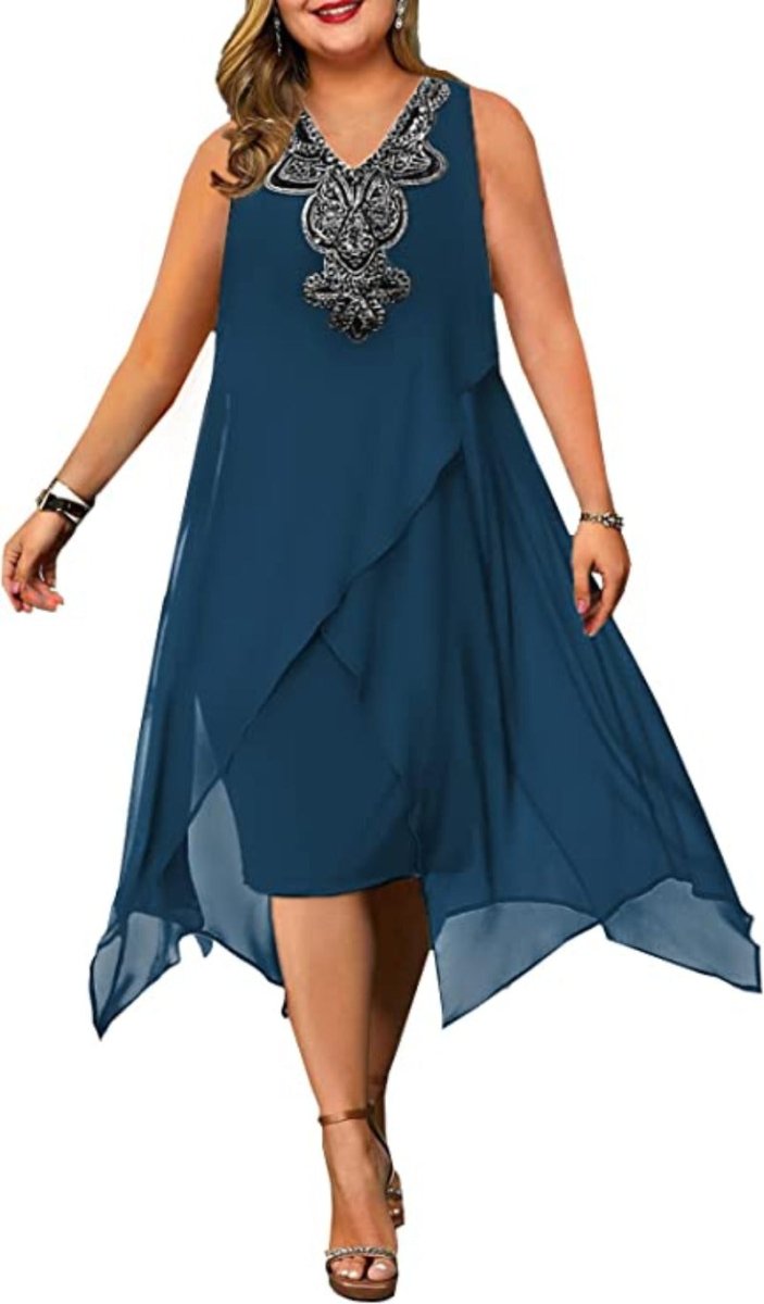 Elegant Embroidery Evening Party Chiffon Loose Sleeveless Dress - Deb Shops