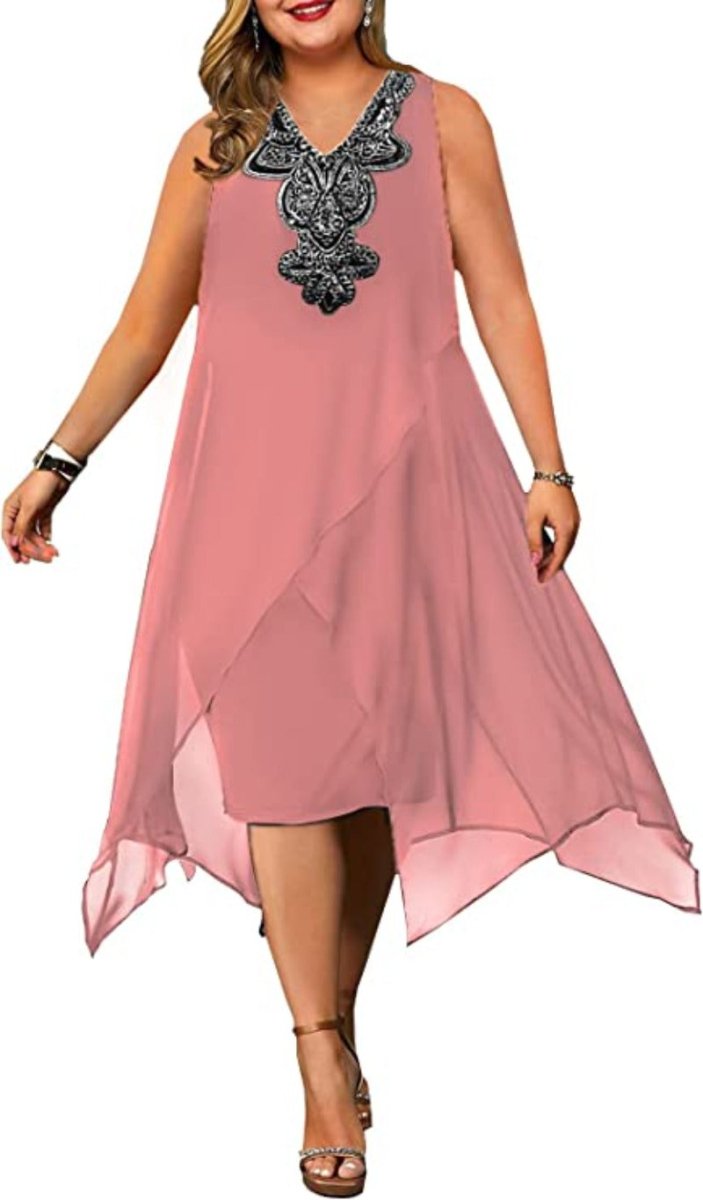 Elegant Embroidery Evening Party Chiffon Loose Sleeveless Dress - Deb Shops