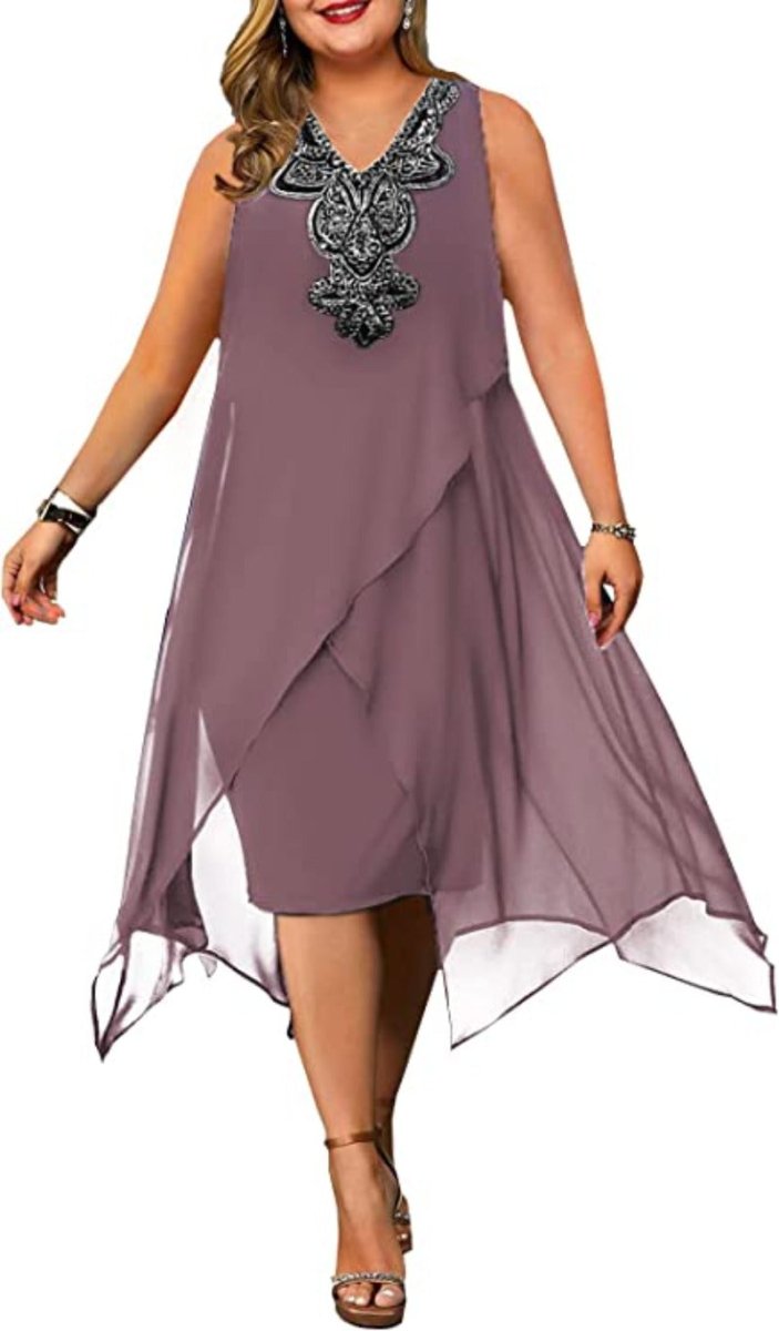 Elegant Embroidery Evening Party Chiffon Loose Sleeveless Dress - Deb Shops