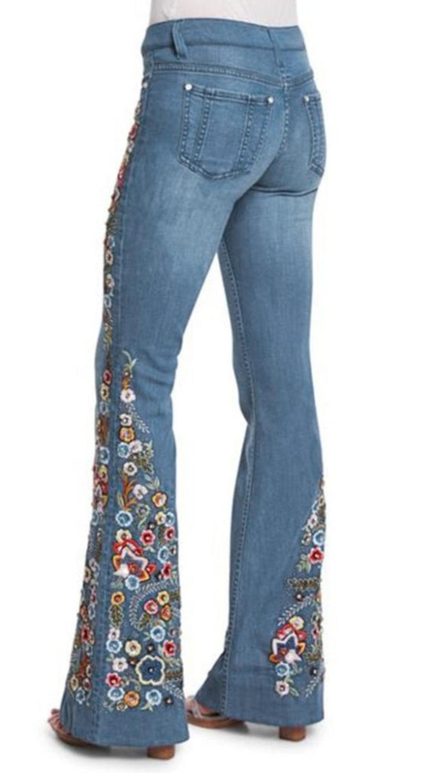 Embroidery Flowers Flare Waist Bell Denim Jeans - Deb Shops