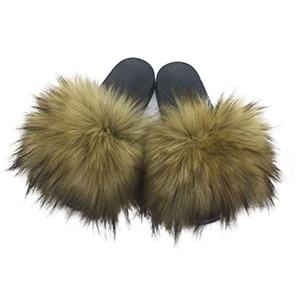 Faux Fur Slippers Fluffy Fuzzy Sandals Open Toe Slides Flip Flop - Deb Shops