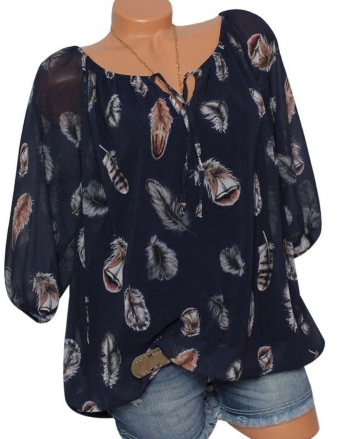 Feather Half Sleeve V Neck Loose Blouse - Deb Shops