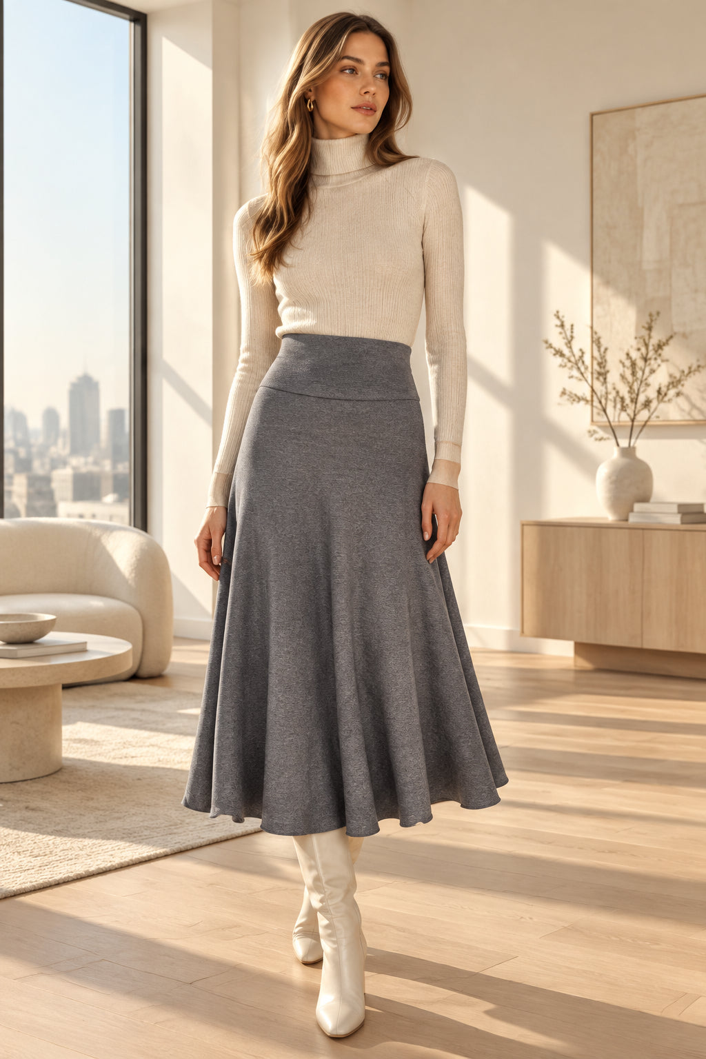 Flare Hem High Waist Midi Pleated Skirt - Deb Shops