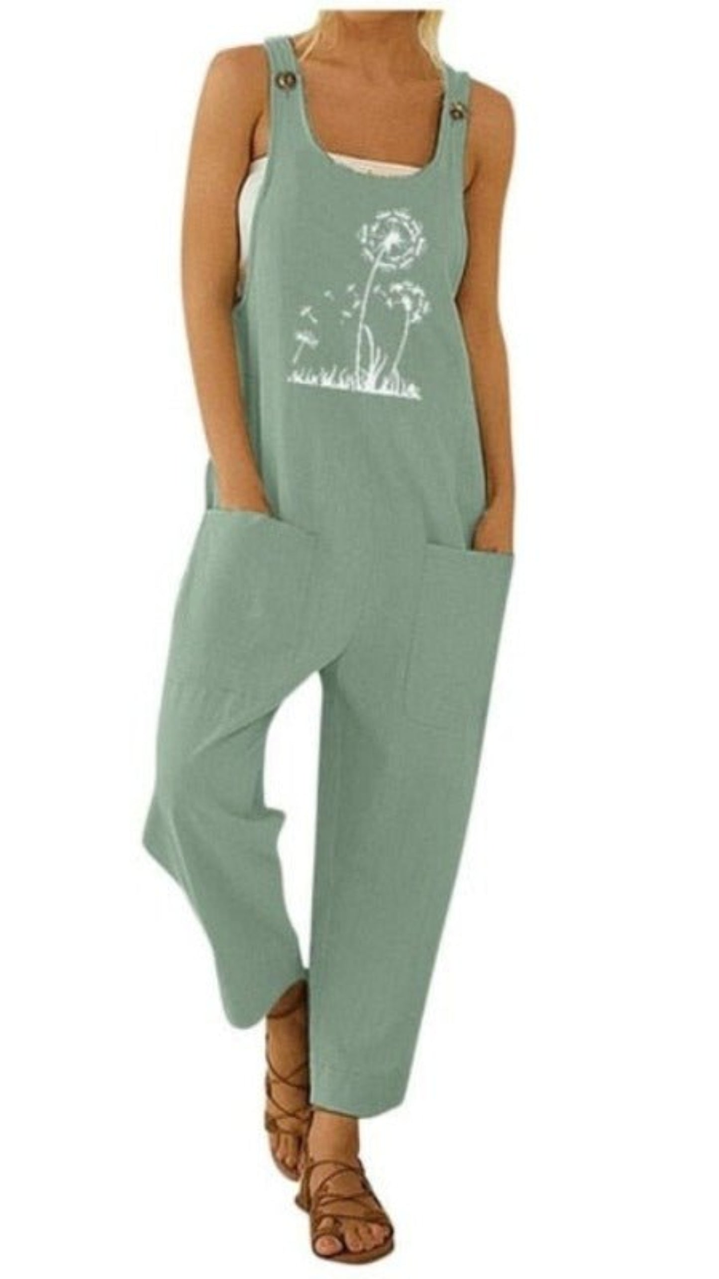 Floral Daisy Print Pocket Romper Long Button Jumpsuit - Deb Shops