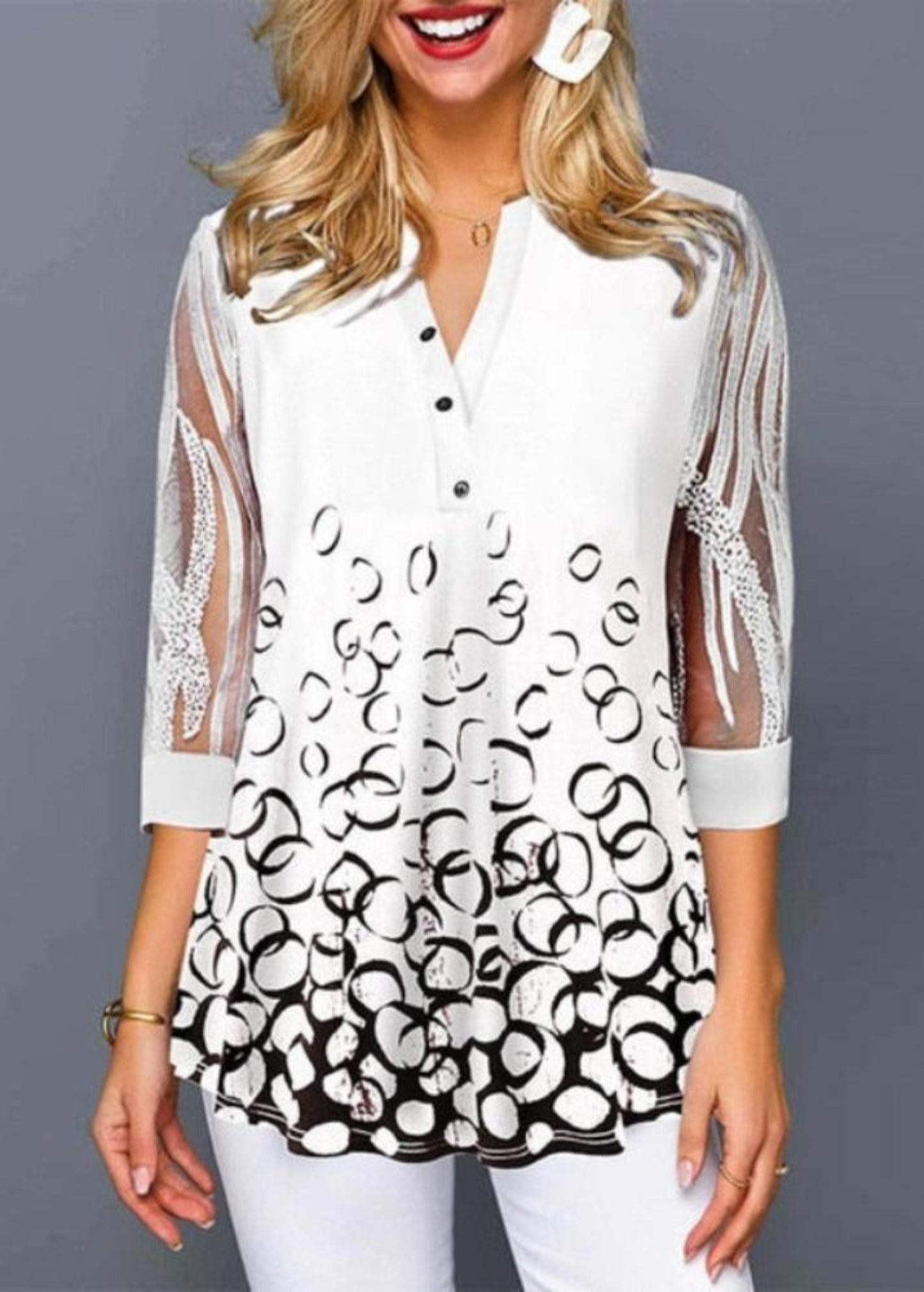 Floral Print Button Detail O Neck Hollow Out Sleeve Blouse - Deb Shops