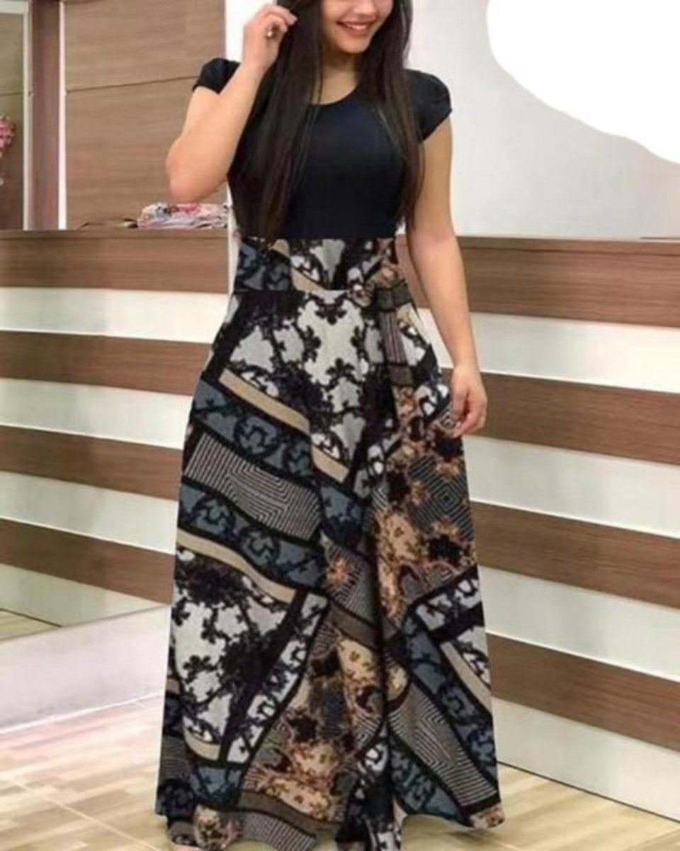 Floral Vintage O Neck Short Sleeve Long Dress - Deb Shops