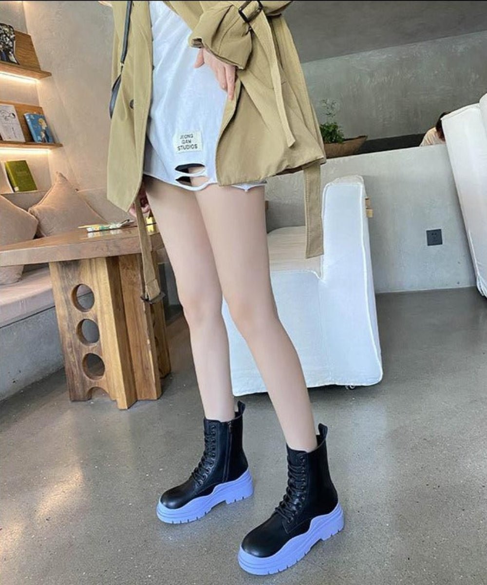 Genuine Leather Fashion Platform Zipper Motorcycle Boots - Deb Shops