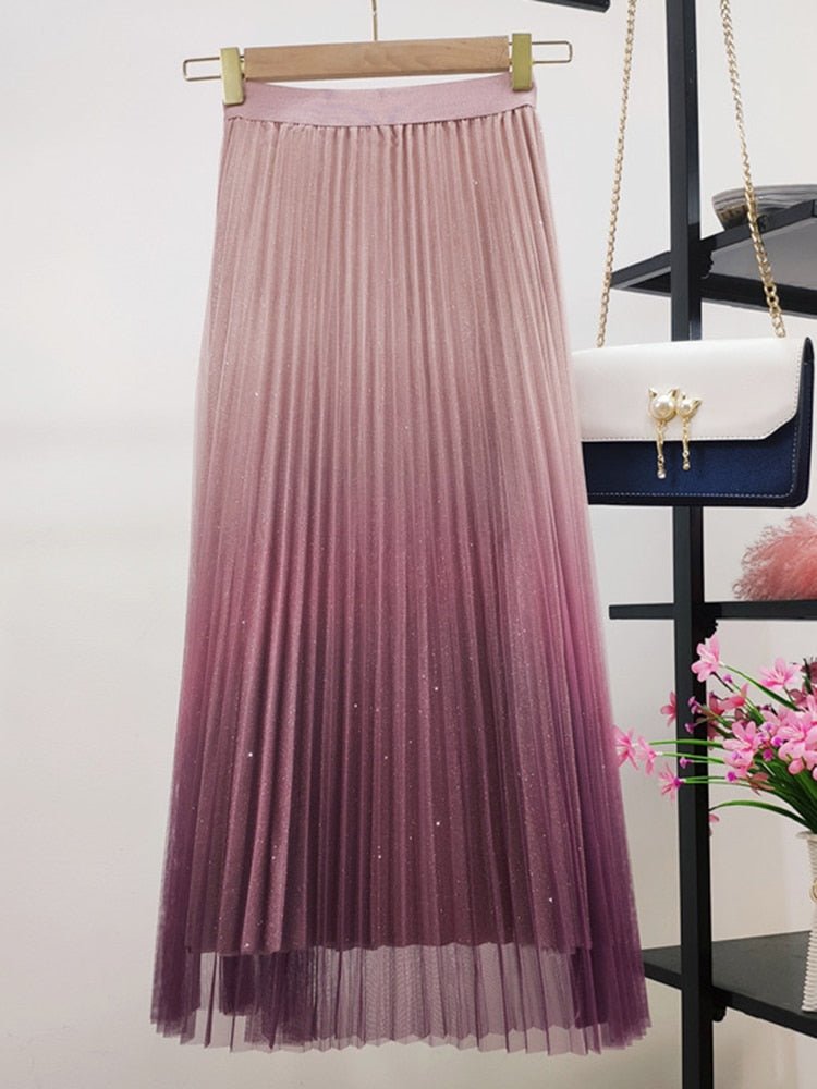 Gradient Mesh Pleated High Waist Sequins A-line Midi Skirt - Deb Shops