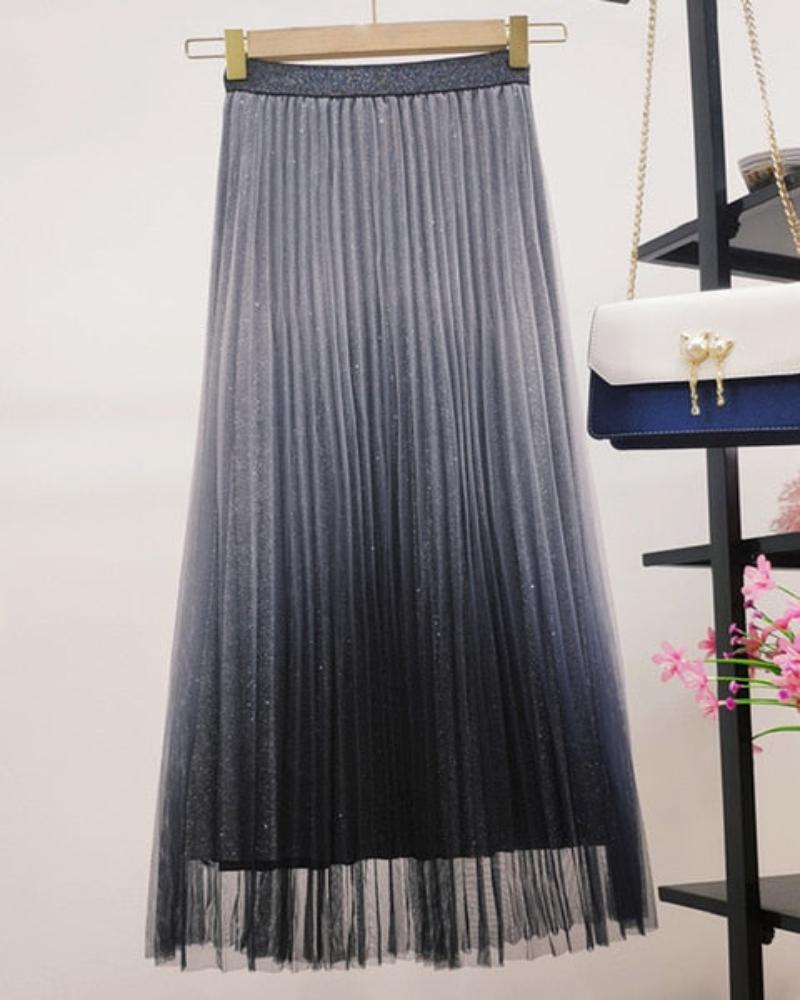 Gradient Mesh Pleated High Waist Sequins A-line Midi Skirt - Deb Shops