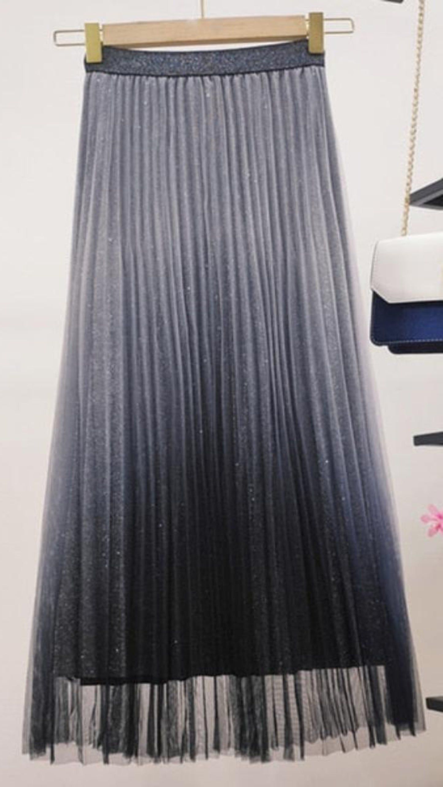 Gradient Mesh Pleated High Waist Sequins A-line Midi Skirt - Deb Shops