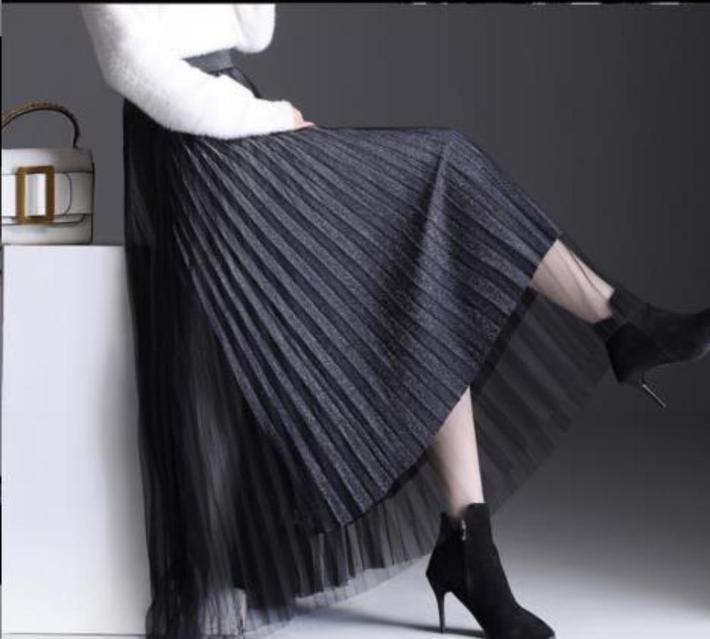 Gradient Mesh Pleated High Waist Sequins A-line Midi Skirt - Deb Shops