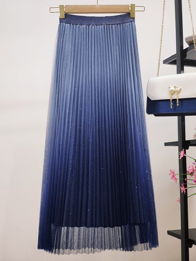 Gradient Mesh Pleated High Waist Sequins A-line Midi Skirt - Deb Shops