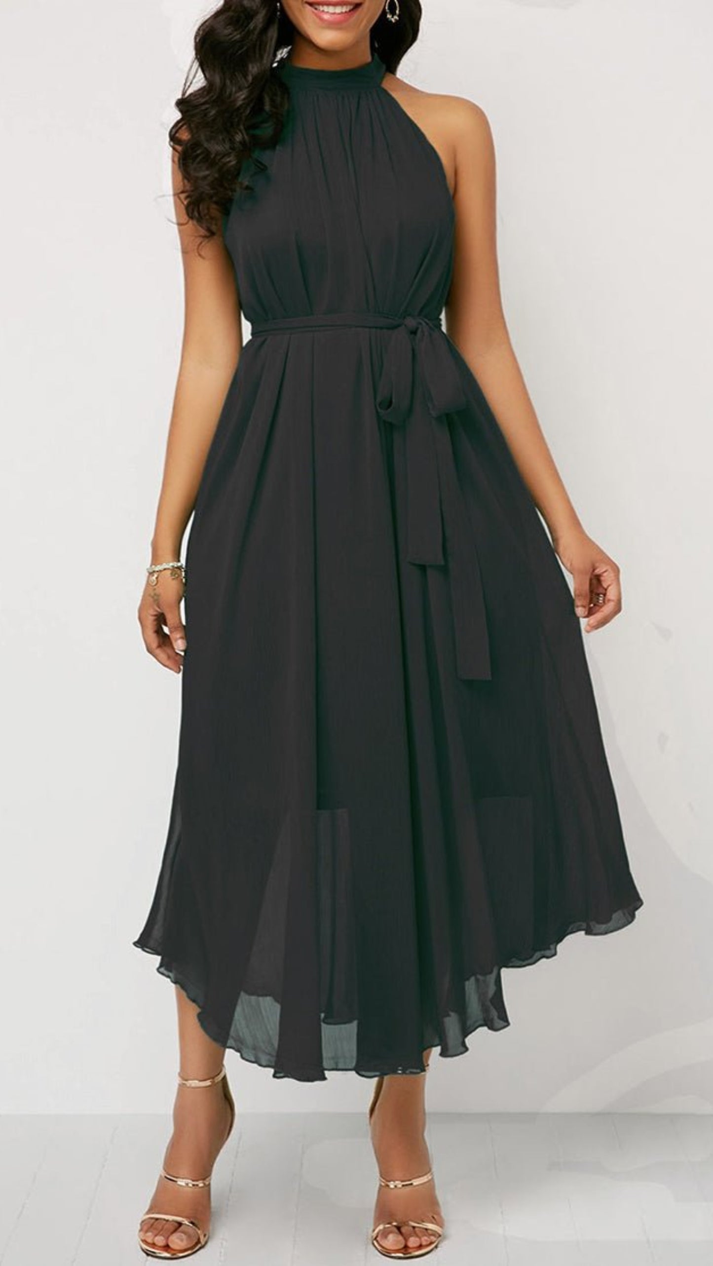 Halter Neck Strapless Chiffon Pleated Loose Off Shoulder Midi Dress - Deb Shops