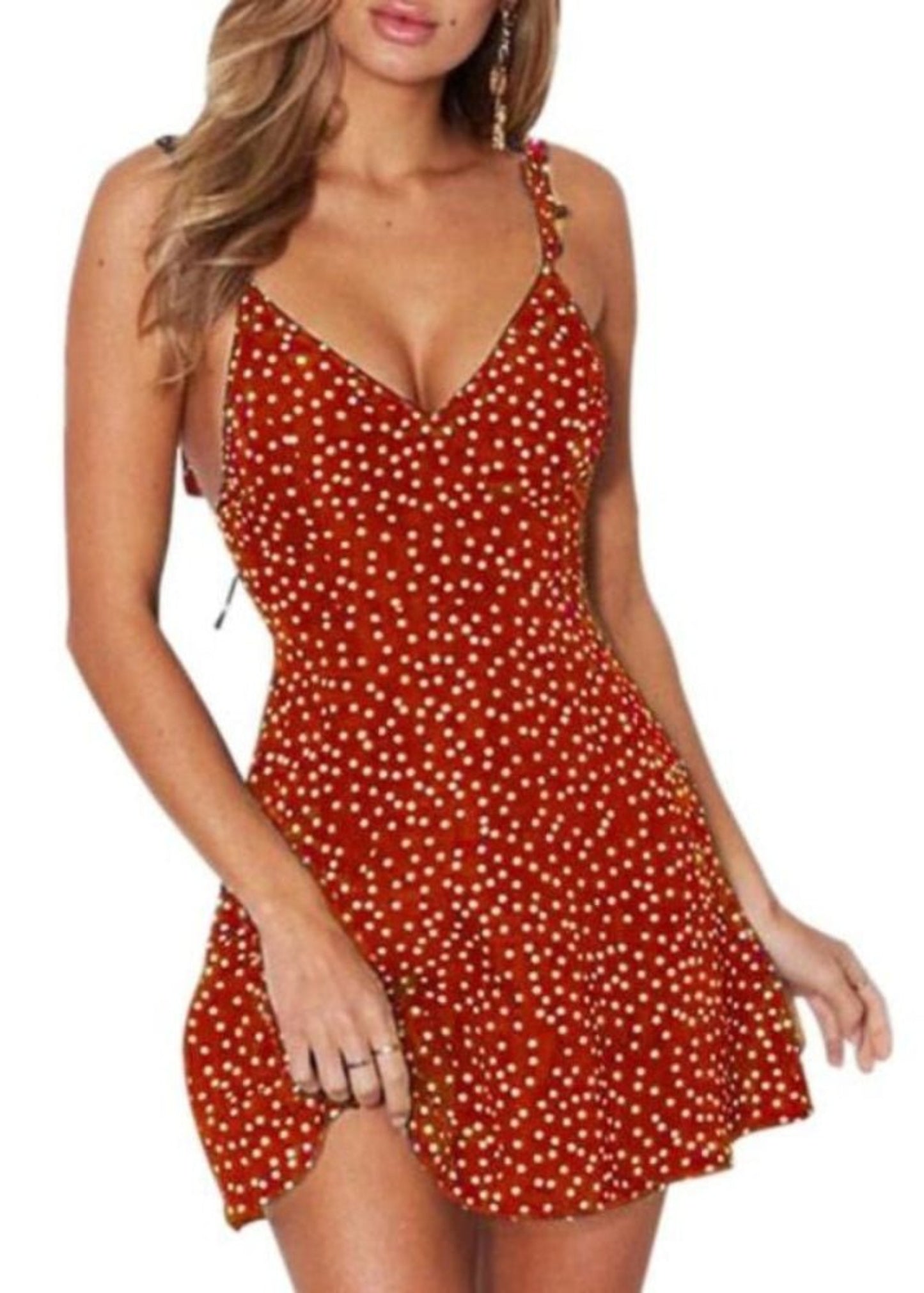High Waist Dot Back Lacing Straps Mini Backless Dress - Deb Shops