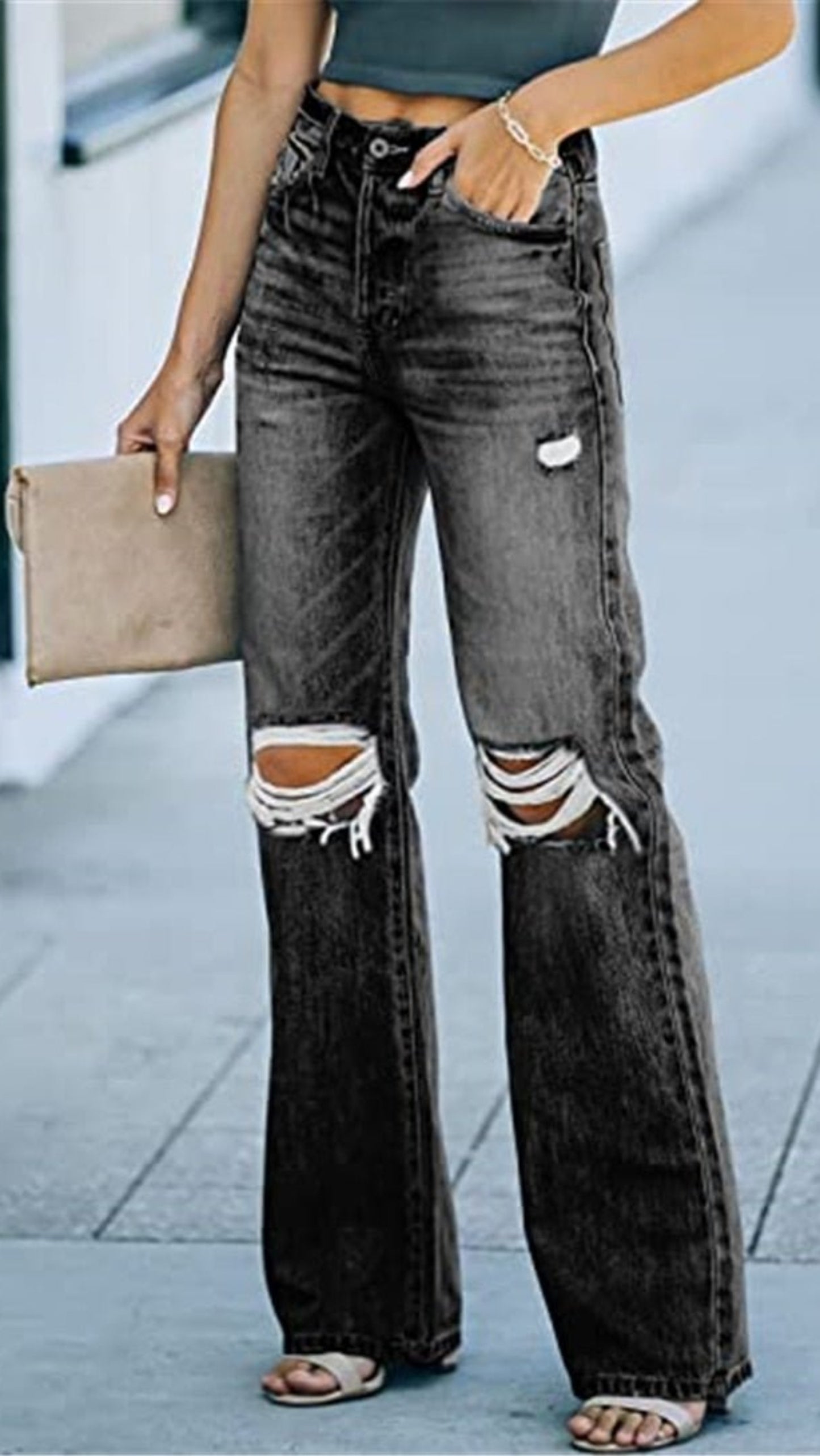 High Waist Retro Flared Loose Ripped Wide Jeans - Deb Shops